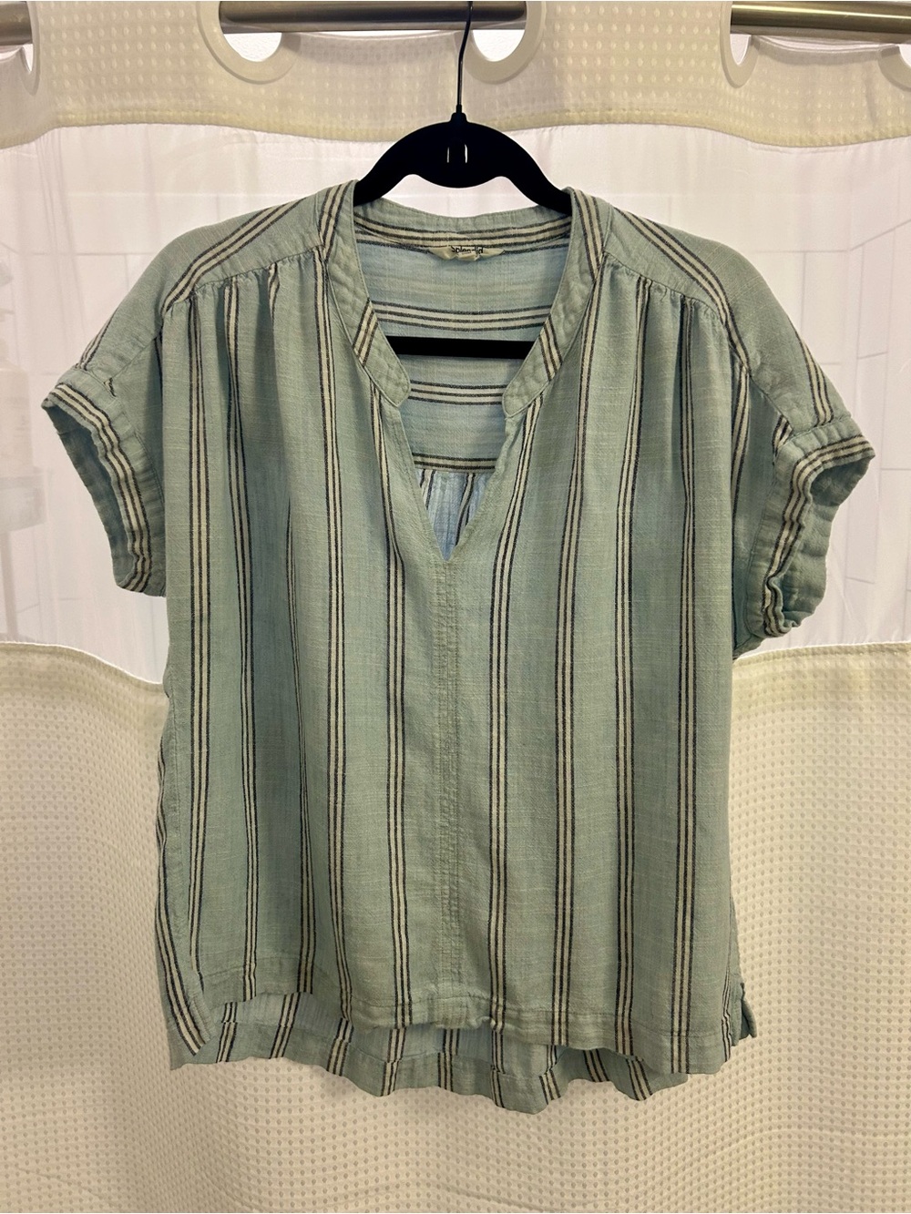 Splendid light blue Striped Split-Neck Short Sleeve Tunic
